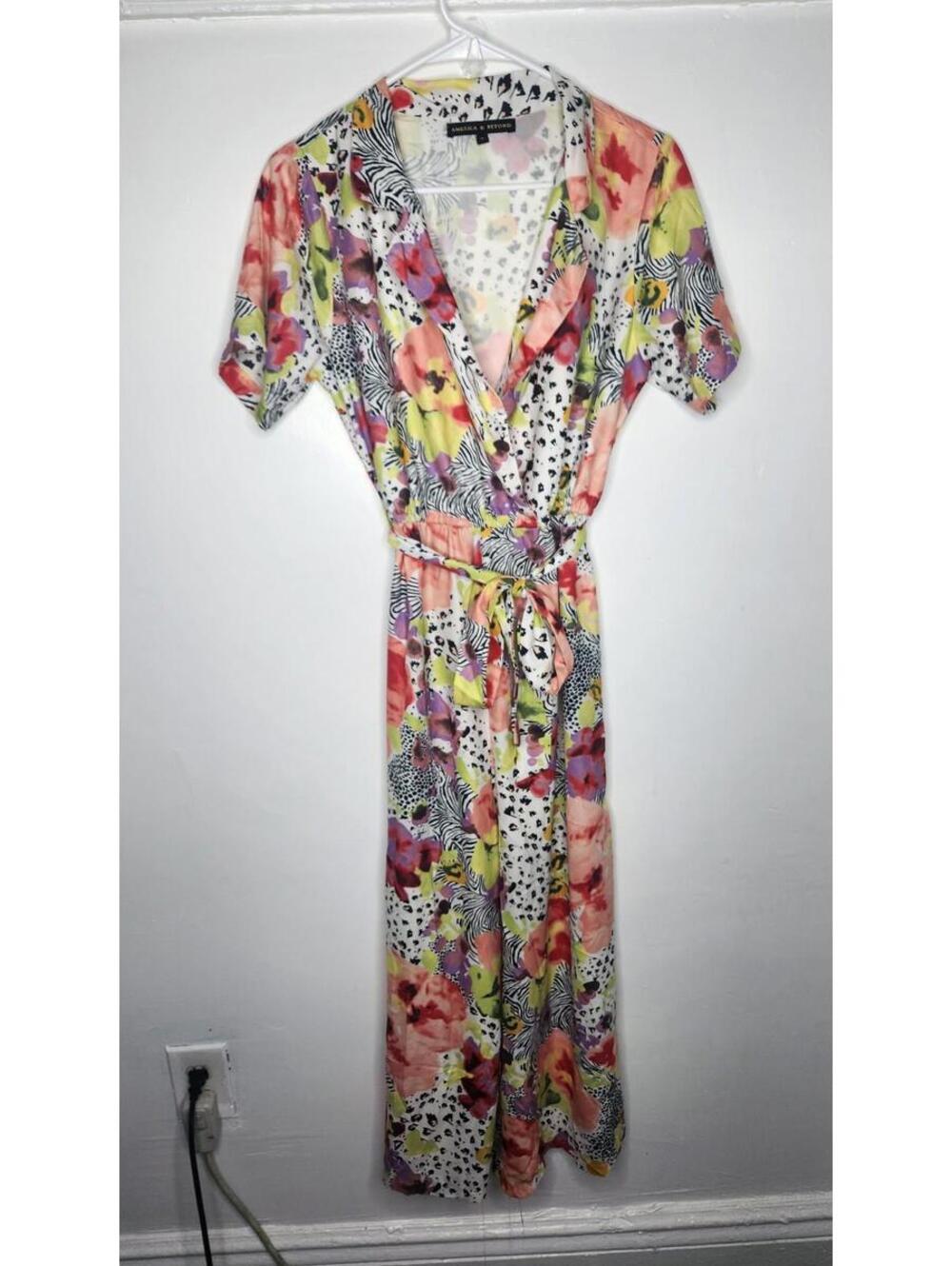 America & Beyond Dress Womens Small Multicolor Wrap Belted Floral Animal Print